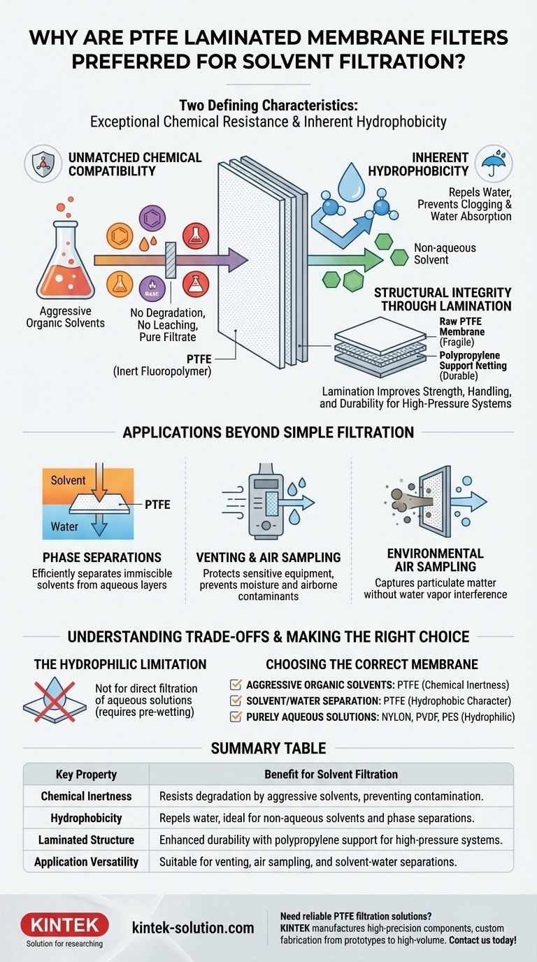 Por que os filtros de membrana laminados de PTFE são preferidos para filtração de solventes? Resistência Química Inigualável e Hidrofobicidade Guia Visual