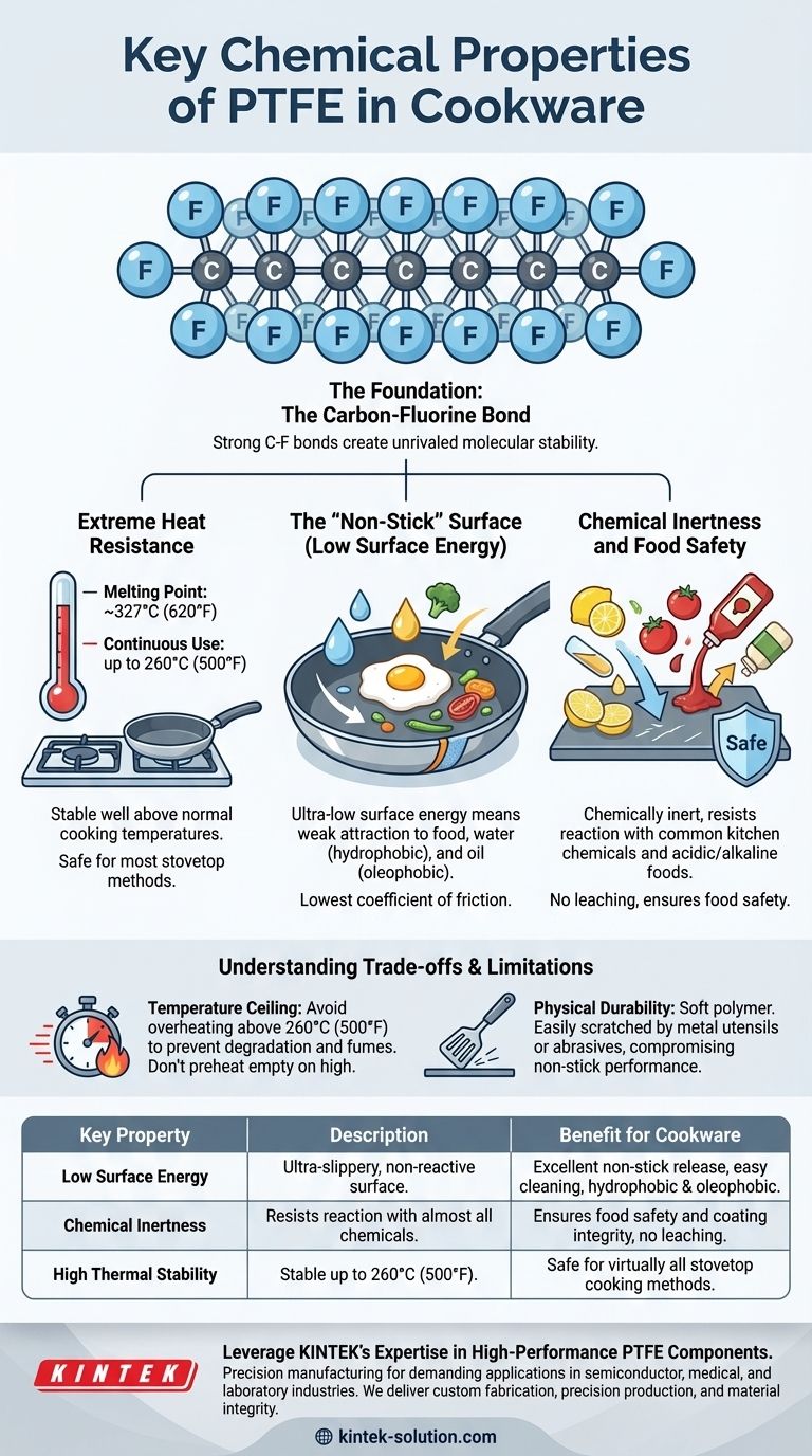 Quais são as principais propriedades químicas do PTFE que o tornam útil para utensílios de cozinha? Desbloqueie um Desempenho Antiaderente Superior Guia Visual