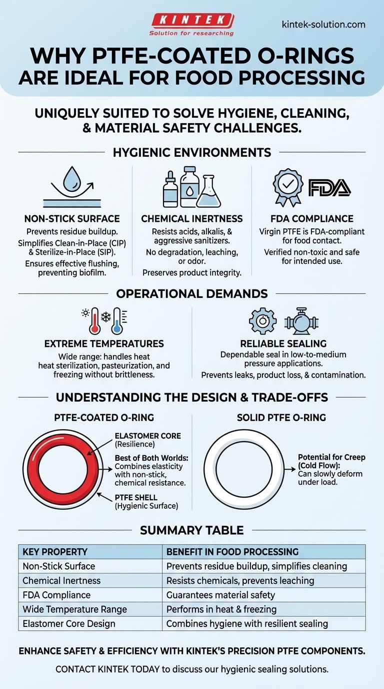 Por que os anéis O com revestimento de PTFE são particularmente adequados para aplicações de processamento de alimentos? Garanta Higiene e Segurança Máximas Guia Visual