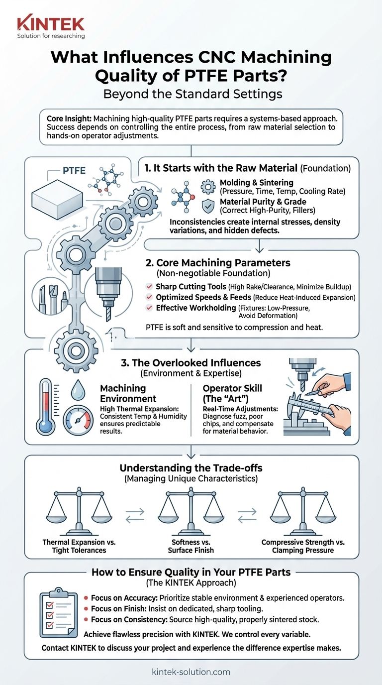 Quali altri fattori influenzano la qualità della lavorazione CNC dei pezzi in PTFE? Materiale di base, ambiente e competenza Guida Visiva