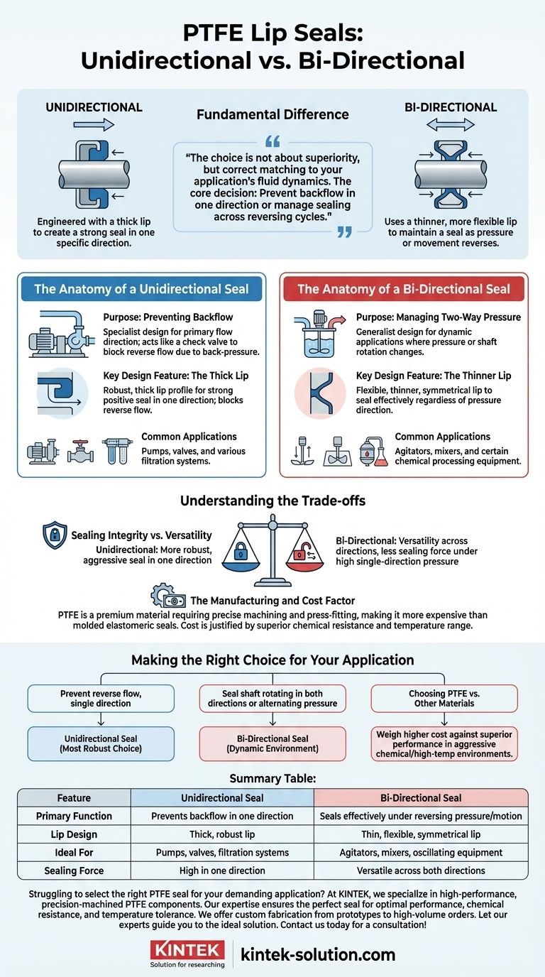 Como as vedações de lábio de PTFE bidirecionais diferem das vedações unidirecionais? Escolha a Vedação Certa para Sua Aplicação Guia Visual