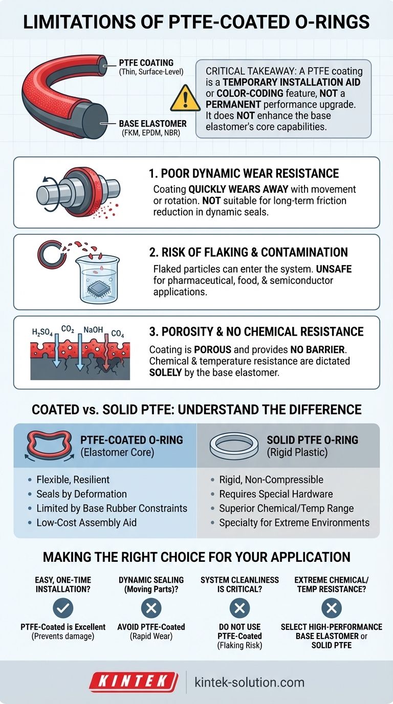 ¿Cuáles son las limitaciones de las juntas tóricas recubiertas de PTFE? Comprenda los riesgos de desgaste, descamación y contaminación. Guía Visual