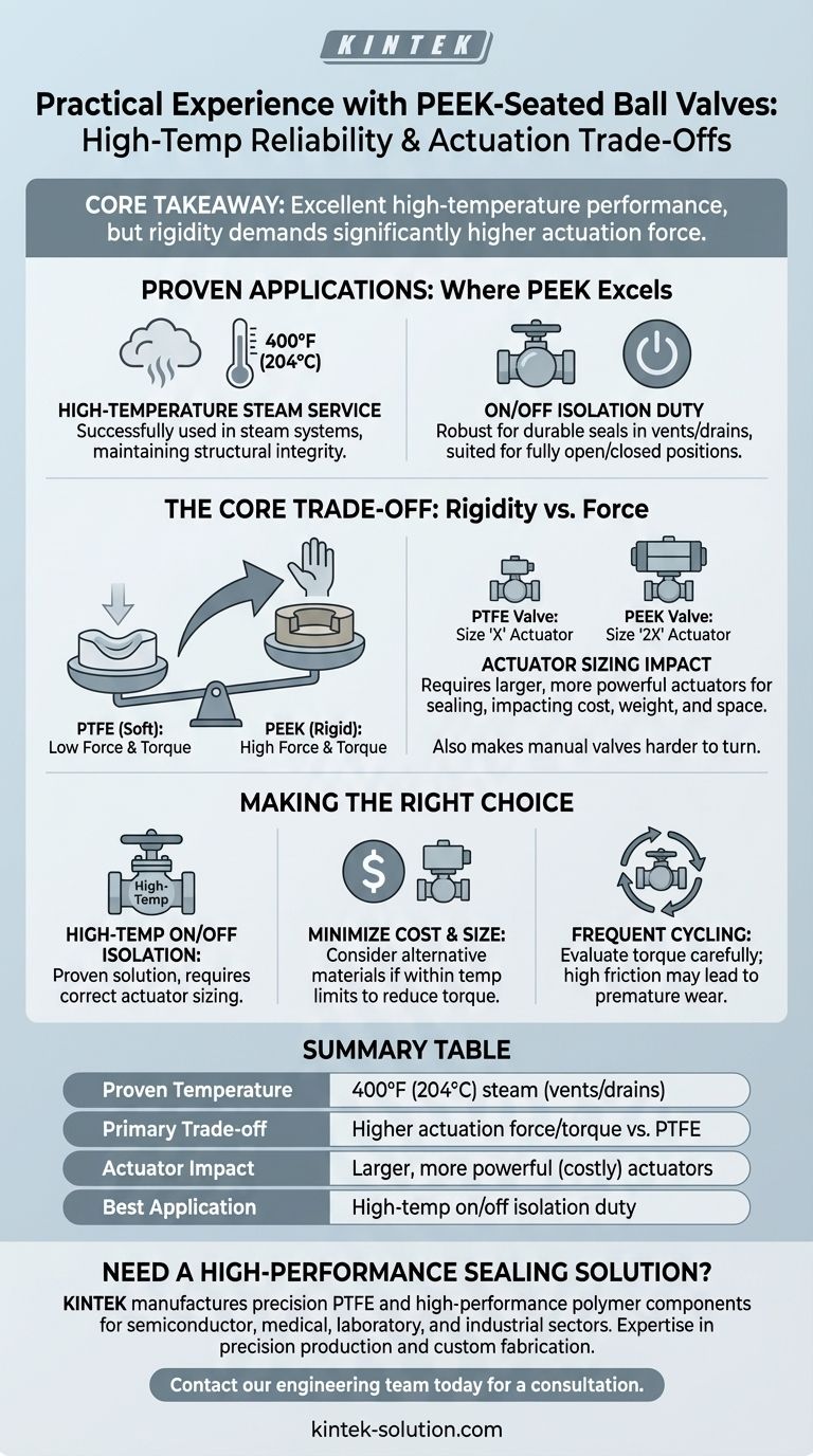 ¿Qué experiencia práctica existe con válvulas de bola con asiento de PEEK en condiciones similares? Rendimiento Comprobado a 400°F Guía Visual