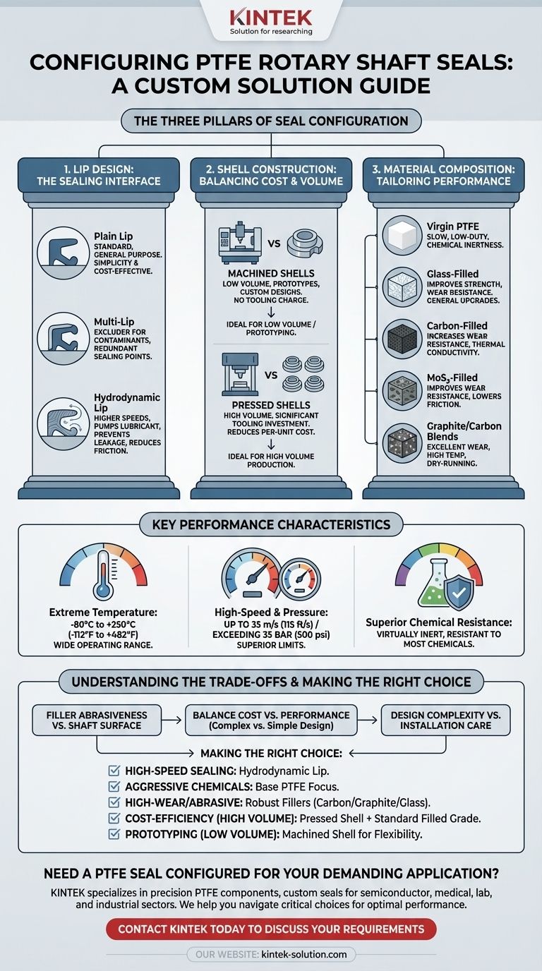 Quais configurações estão disponíveis para retentores de eixo rotativo de PTFE? Otimize o Desempenho com Opções de Lábio, Estrutura e Material Guia Visual