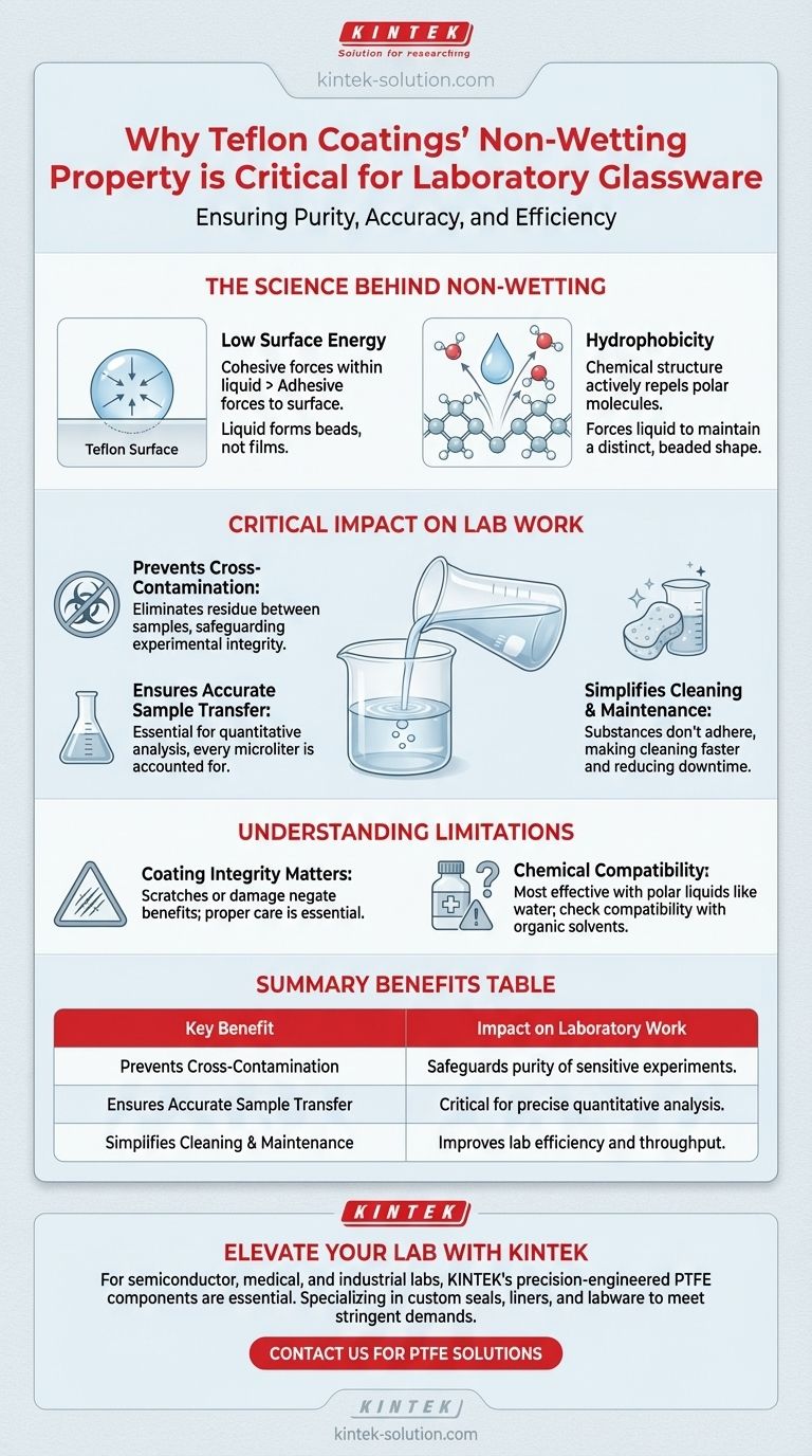 Perché la proprietà di non bagnabilità dei rivestimenti in Teflon è importante per la vetreria da laboratorio? Garantire purezza e accuratezza sperimentale Guida Visiva