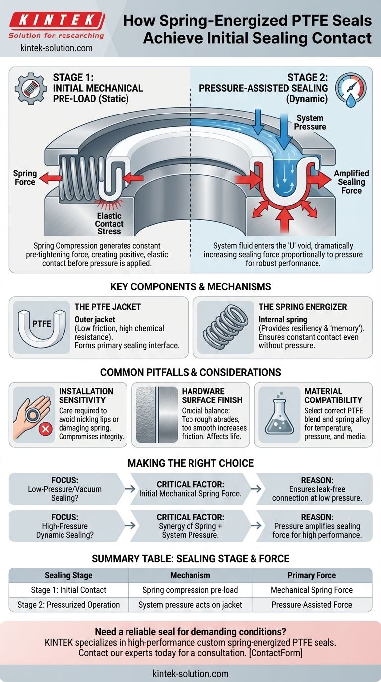 Como o anel de vedação de PTFE com mola alcança o contato inicial de vedação? Domine o Mecanismo de Vedação em Duas Etapas Guia Visual