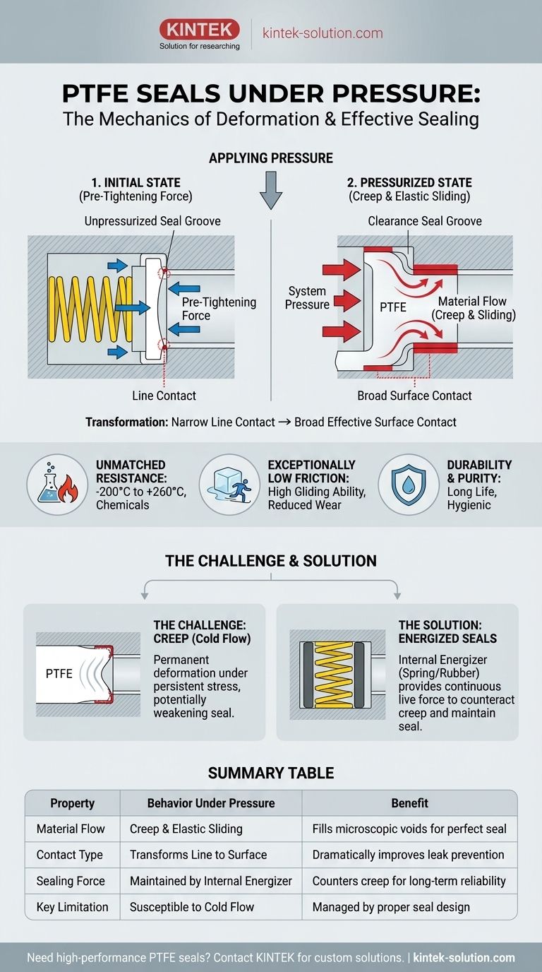 Что происходит с материалом PTFE, когда на уплотнительное кольцо оказывается давление? Он деформируется, создавая превосходное уплотнение Визуальное руководство