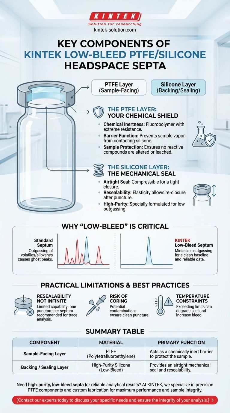 Quais são os componentes chave dos septos de headspace de PTFE/Silicone de Baixa Emissão (Low-Bleed) e suas funções? Garanta a Integridade da Amostra na Análise por CG Guia Visual