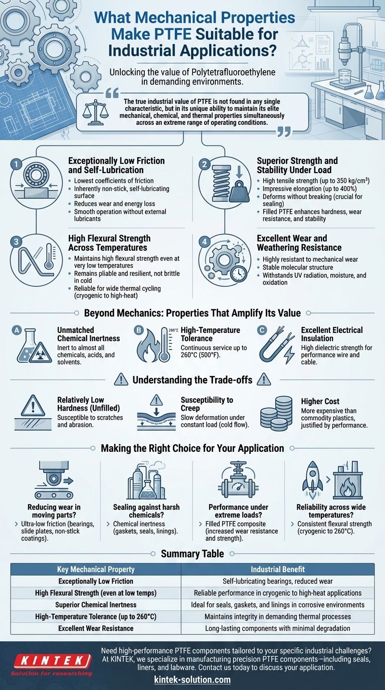 What mechanical properties make PTFE suitable for industrial applications? Leverage Low Friction & Chemical Resistance Visual Guide