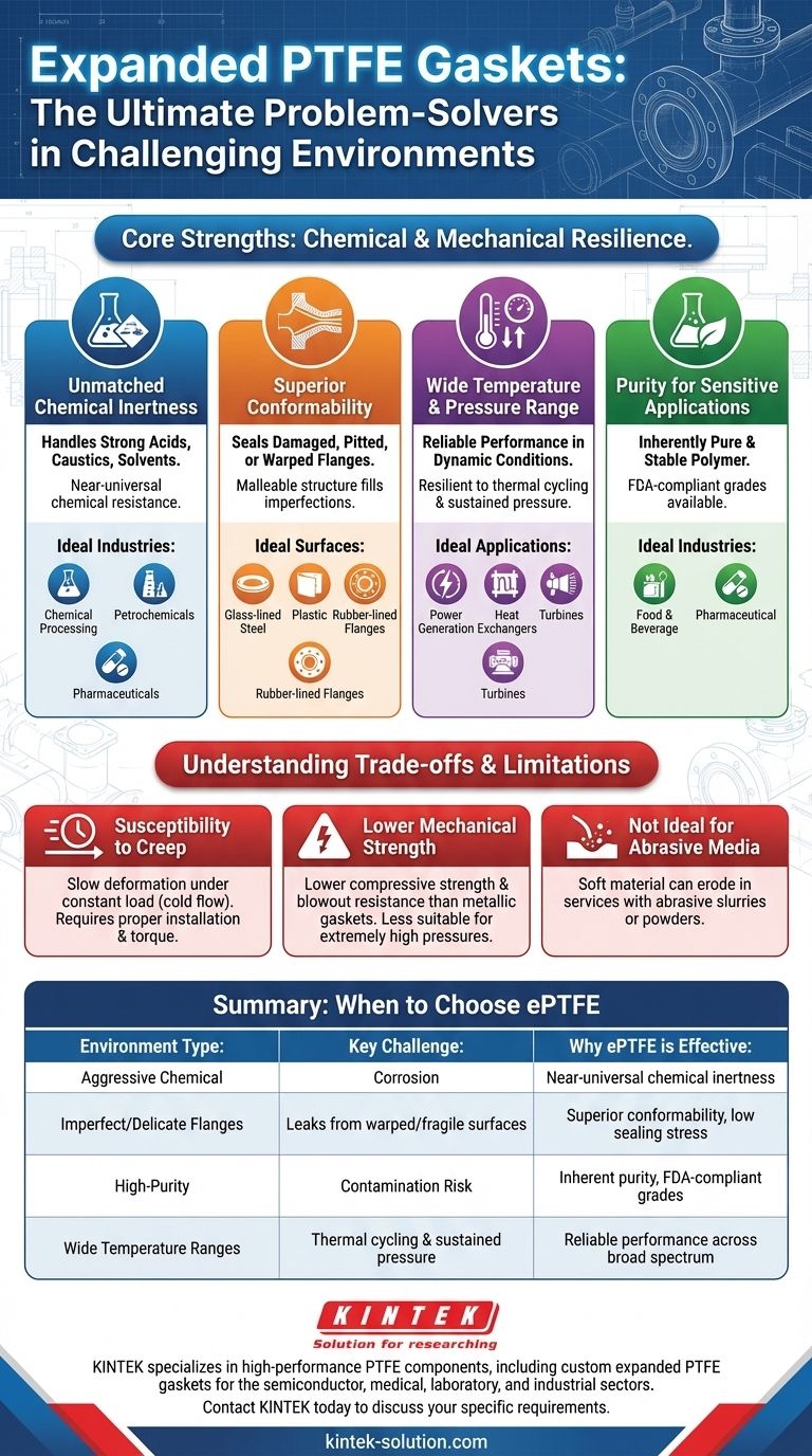 Em que tipos de ambientes as gaxetas de PTFE expandido são particularmente eficazes? Vedação de Flanges Químicos Agressivos & Imperfeitos Guia Visual
