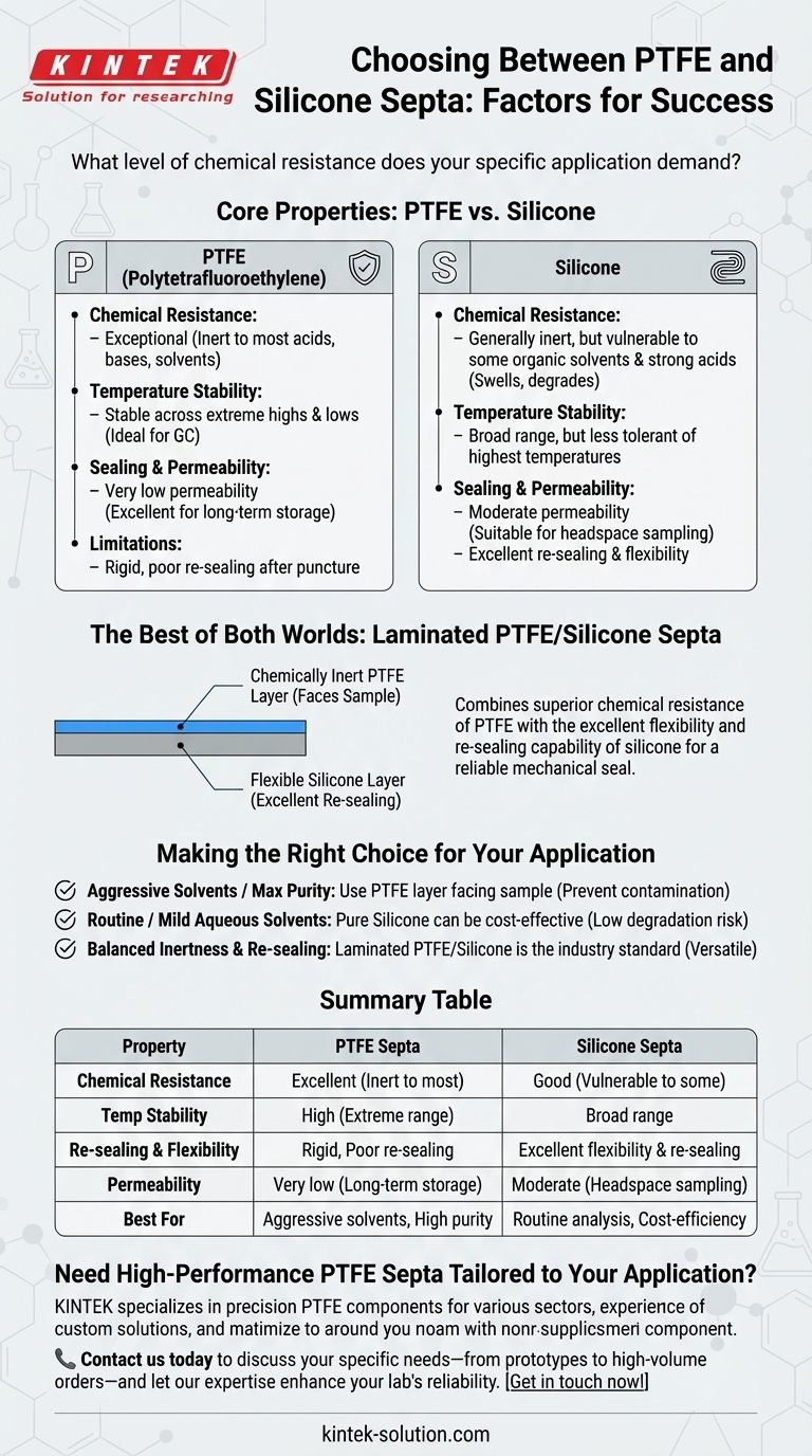 Quais fatores devem ser considerados ao escolher entre septos de PTFE e silicone? Garanta a Compatibilidade Química e Vedação Confiável Guia Visual