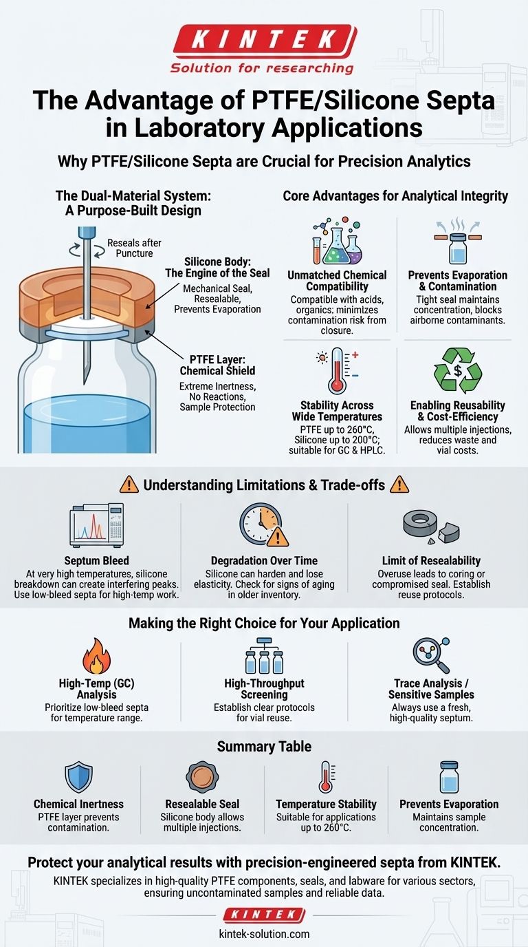 ما هي المزايا الرئيسية لأغطية السدادة المصنوعة من PTFE/السيليكون في التطبيقات المختبرية؟ ضمان سلامة العينة ودقتها دليل مرئي