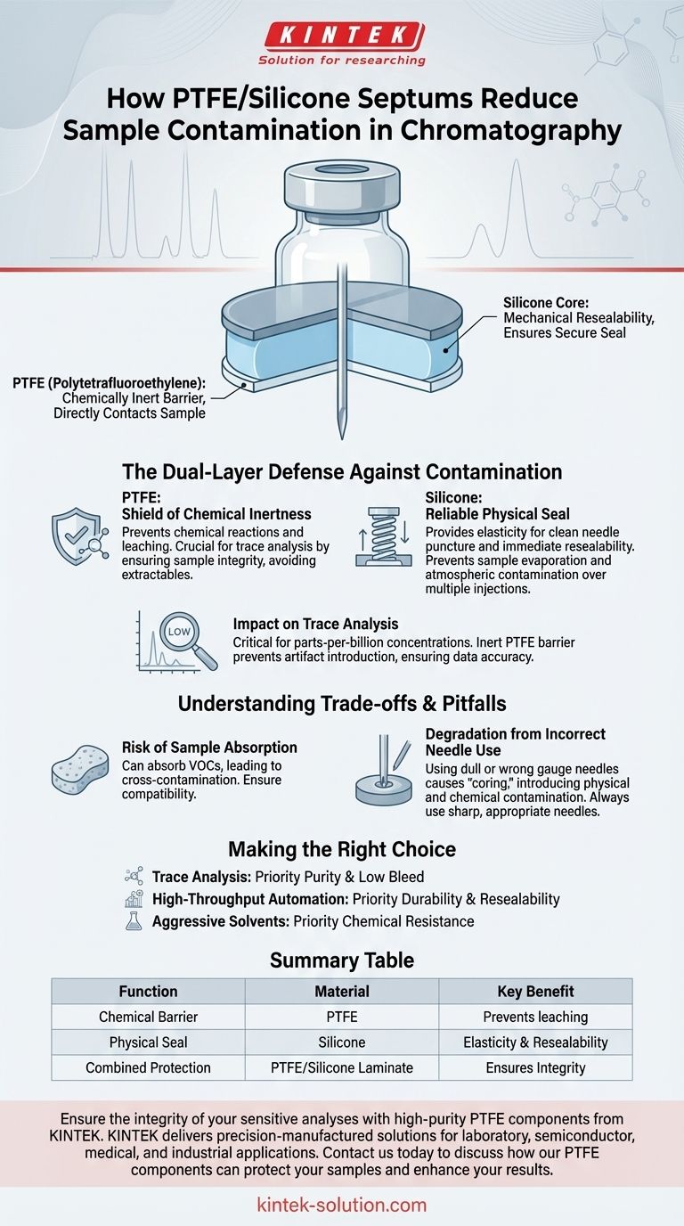 Como os septos de PTFE/silicone ajudam a reduzir a contaminação da amostra na cromatografia? Uma Defesa de Camada Dupla para Suas Amostras Guia Visual
