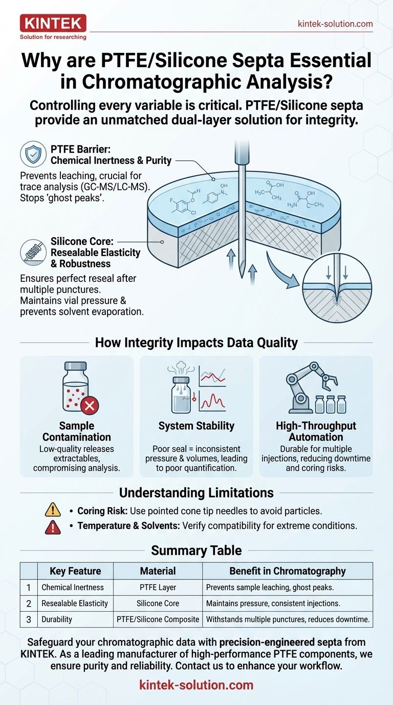 Por que os septos de PTFE/silicone são considerados essenciais na análise cromatográfica? Garanta a Integridade e a Pureza dos Dados Guia Visual