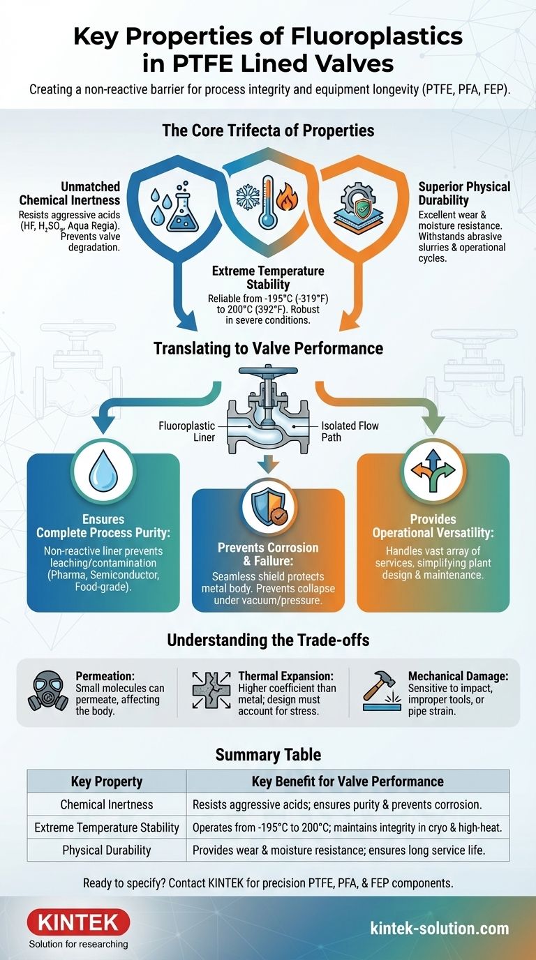 What are the key properties of fluoroplastics used in PTFE lined valves? Ensure Purity and Reliability Visual Guide