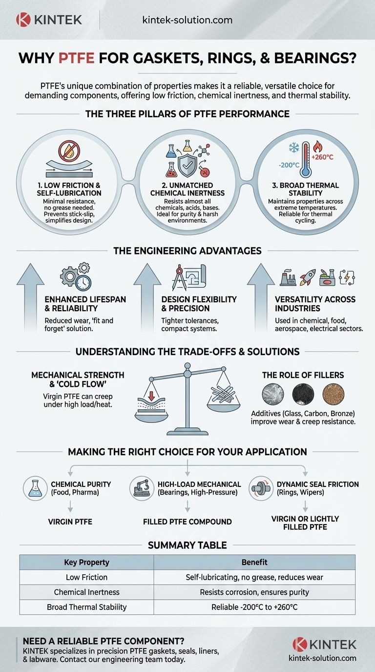 PTFE를 개스킷, 링 및 베어링에 탁월한 선택으로 만드는 요인은 무엇입니까? KINTEK PTFE로 비교할 수 없는 신뢰성을 확보하십시오 시각적 가이드
