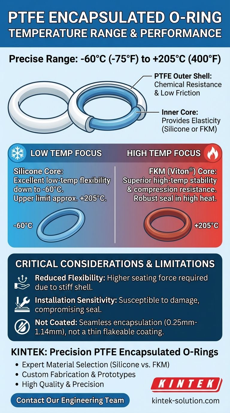 Qual faixa de temperatura os O-rings encapsulados em PTFE podem suportar? -60°C a 205°C, dependendo do núcleo Guia Visual