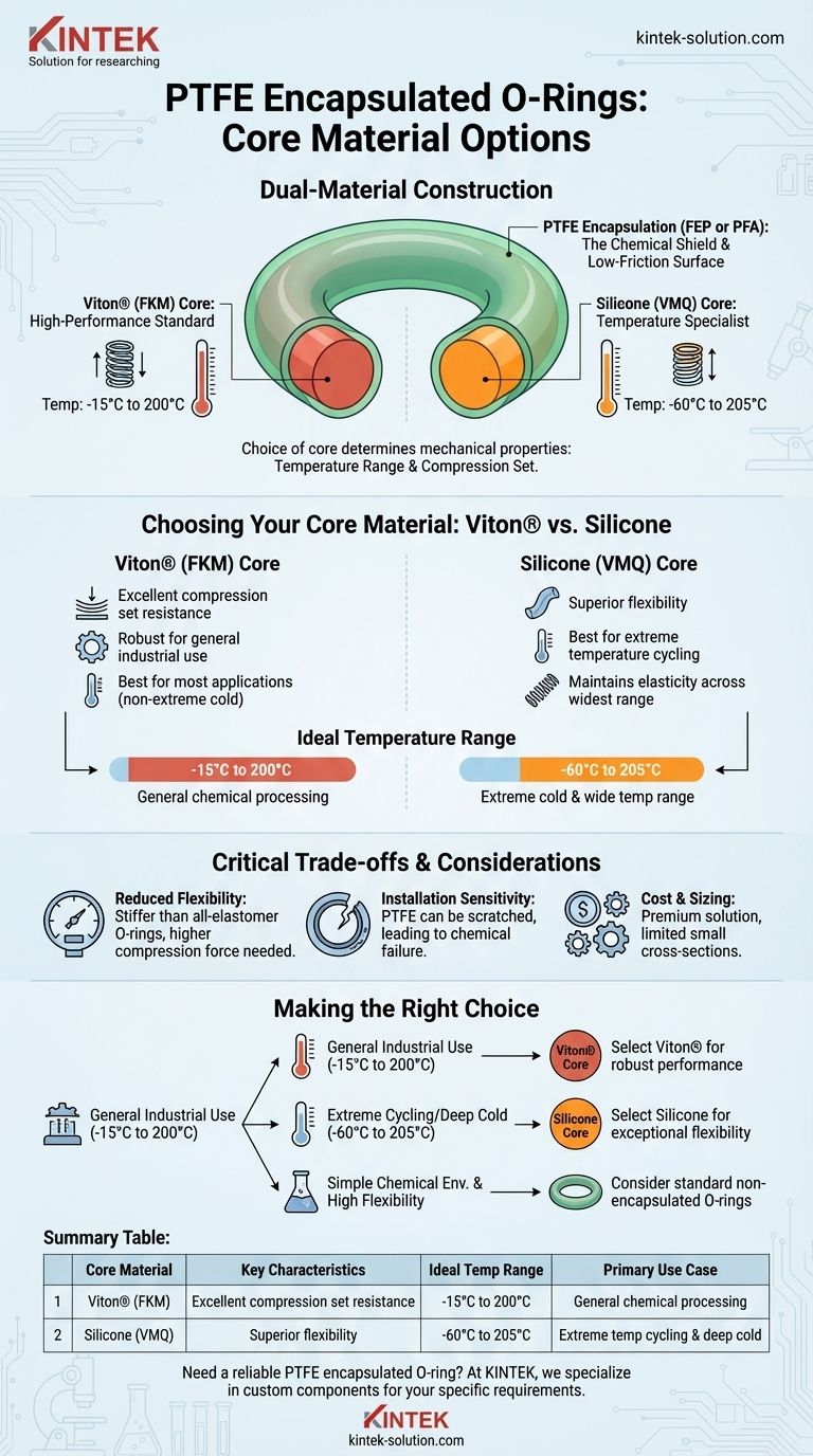 Quais são as opções de material do núcleo para O-rings encapsulados em PTFE? Escolha Viton® ou Silicone para Suas Necessidades de Vedação Guia Visual