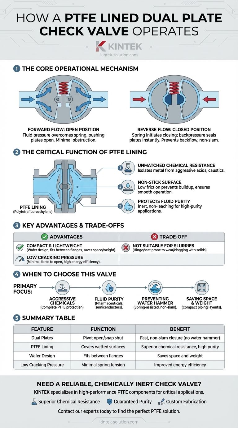 How does a PTFE lined dual plate check valve operate? Prevent Backflow in Corrosive & High-Purity Systems Visual Guide