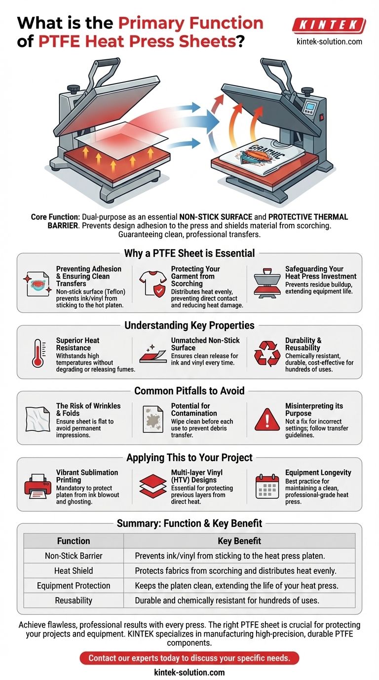 Qual é a função principal das folhas de PTFE para prensa térmica? Garanta transferências de calor limpas e profissionais Guia Visual
