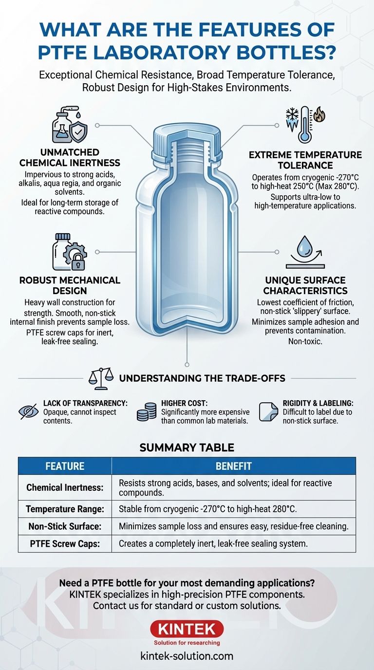 What are the features of PTFE laboratory bottles? Unmatched Chemical Resistance & Extreme Temperature Tolerance Visual Guide