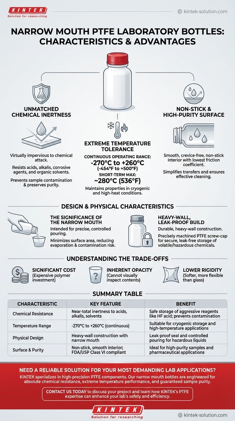 Каковы характеристики лабораторных бутылей из ПТФЭ с узким горлышком? Превосходная химическая стойкость и чистота Визуальное руководство