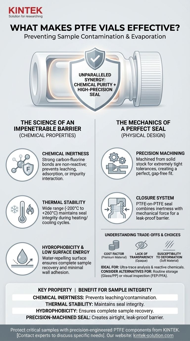 O que torna os frascos de PTFE eficazes na prevenção da contaminação ou evaporação de amostras? Inércia Química Superior e Vedações Herméticas Guia Visual