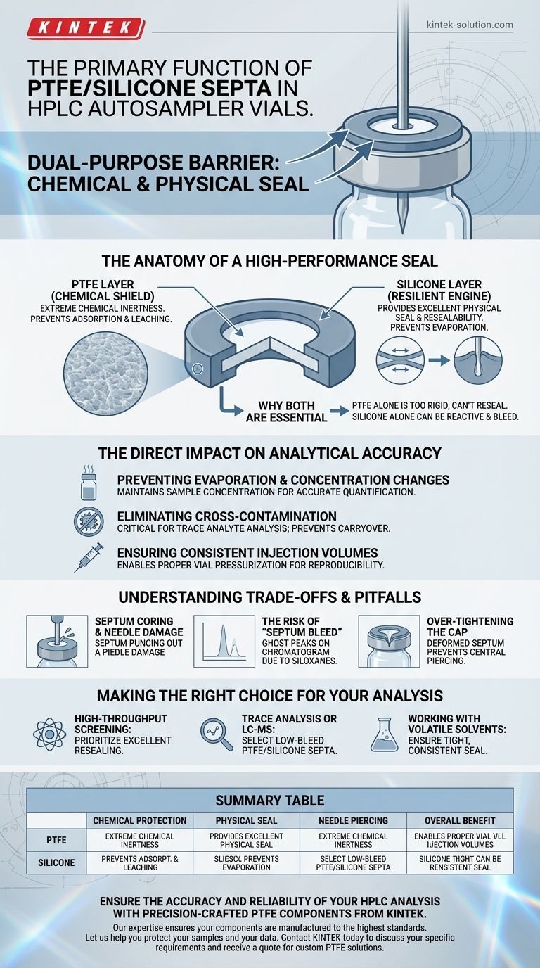ما هي الوظيفة الأساسية لأغطية الفواصل (Septa) المصنوعة من PTFE/السيليكون في قوارير أخذ العينات الآلي لـ HPLC؟ ضمان سلامة العينة ودقتها دليل مرئي