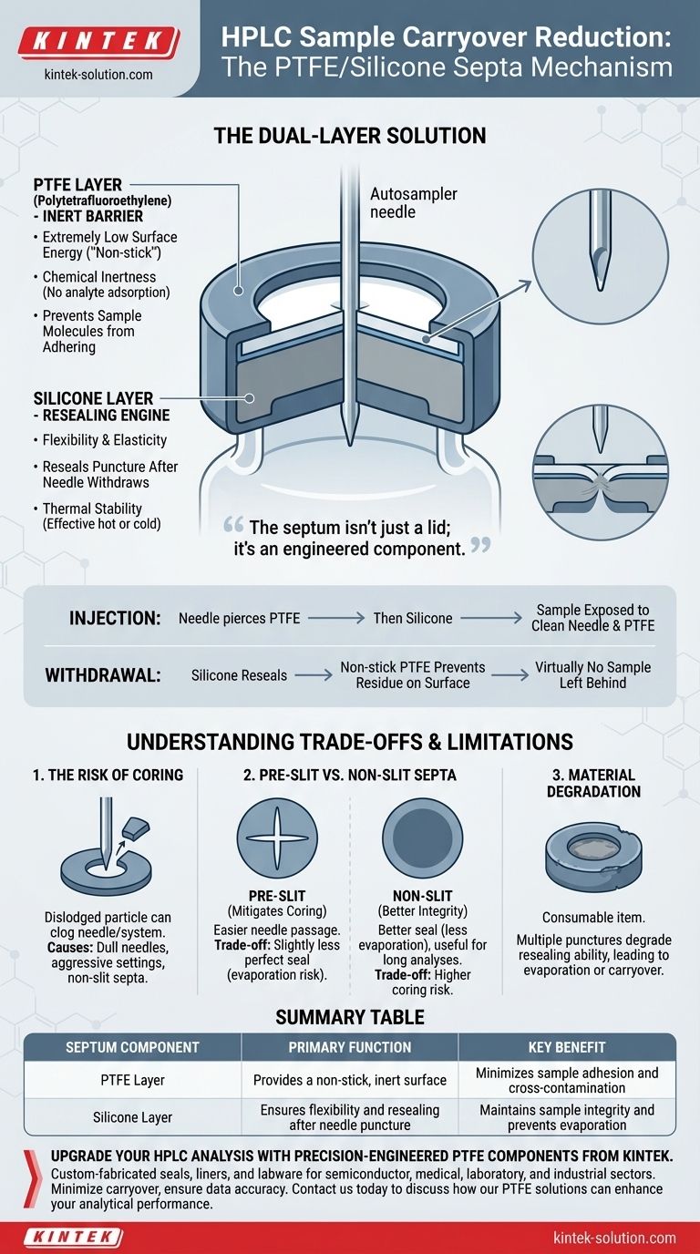 In che modo i setti in PTFE/silicone riducono il carryover del campione nell'analisi HPLC? Ottieni risultati accurati e privi di contaminazione Guida Visiva