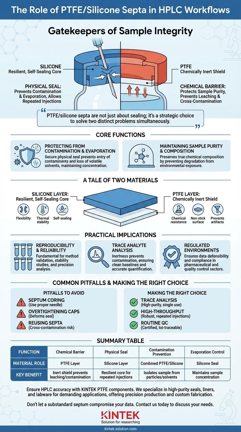 Qual è il ruolo generale dei setti in PTFE/silicone nei flussi di lavoro HPLC? Proteggere l'integrità del campione per risultati accurati Guida Visiva