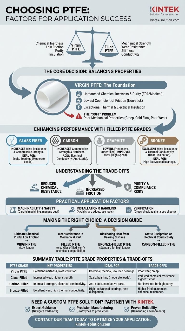 Quali fattori dovrebbero essere considerati nella scelta del PTFE per una specifica applicazione? Una guida ai gradi vergini rispetto a quelli caricati Guida Visiva
