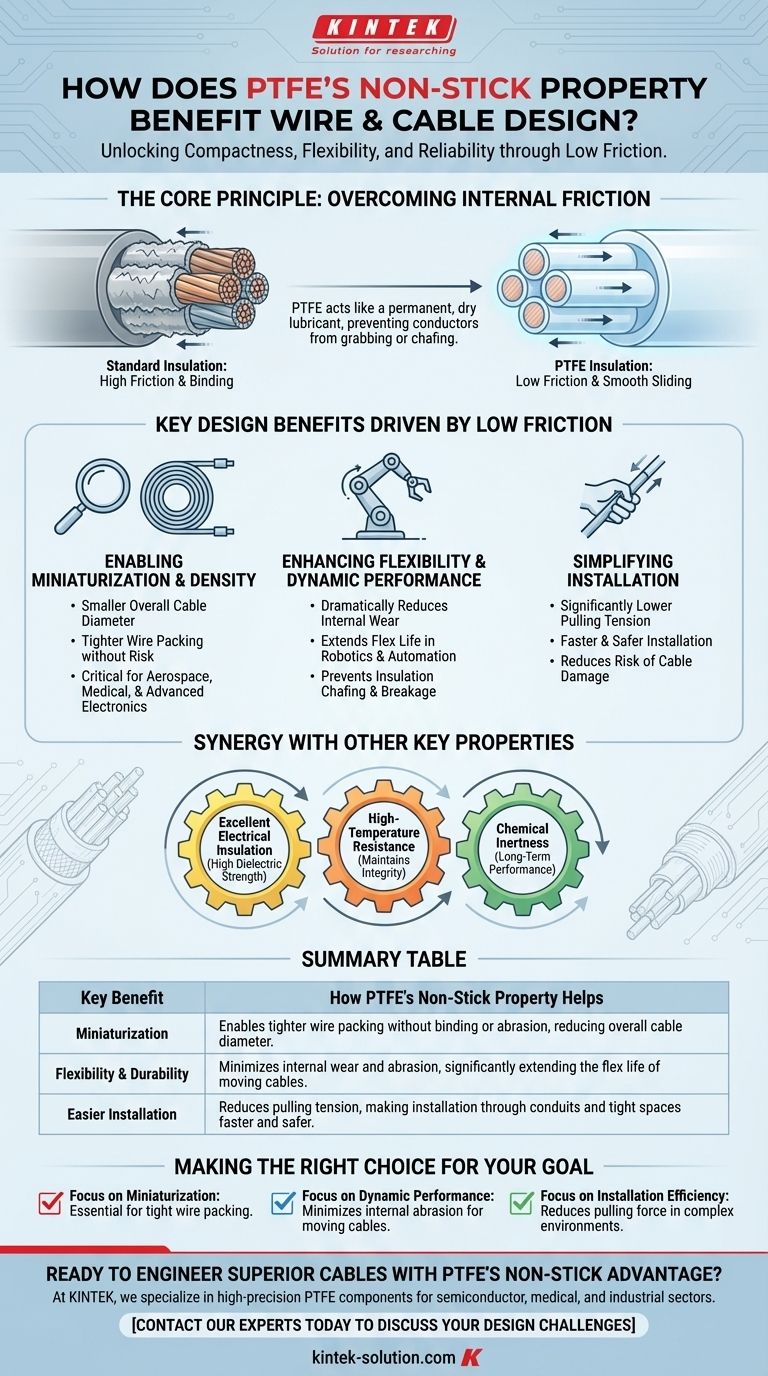 Como a propriedade antiaderente do PTFE beneficia o projeto de fios e cabos? Permite Cabos Compactos, Flexíveis e Duráveis Guia Visual