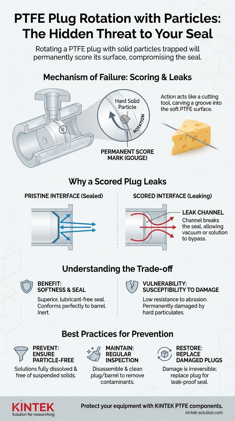 Cosa può succedere se i tappi in PTFE vengono ruotati con particelle solide incastrate tra il tappo e il corpo del rubinetto? Guida Visiva