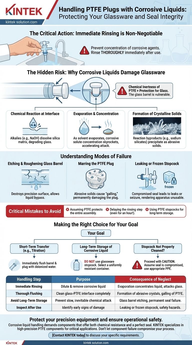 كيف يجب التعامل مع السدادات المصنوعة من PTFE عند استخدامها مع السوائل المسببة للتآكل؟ منع تلف الأواني الزجاجية المكلف دليل مرئي