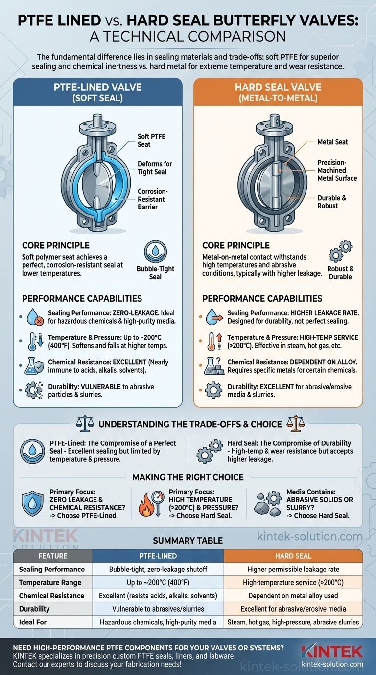 ما هي الاختلافات الرئيسية بين صمامات الفراشة المبطنة بالتفلون (PTFE) وصمامات الفراشة ذات الإغلاق الصلب؟ اختر الختم المناسب لتطبيقك دليل مرئي