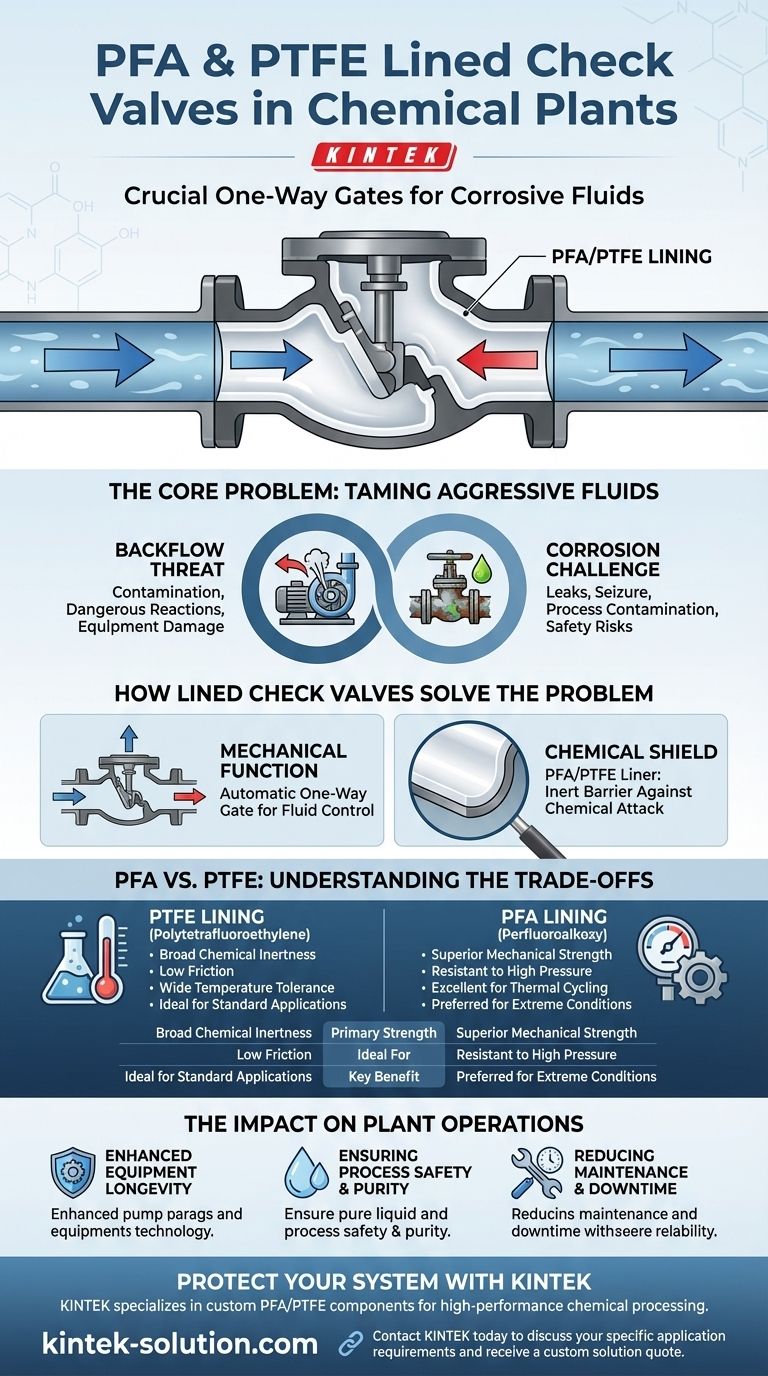 Qual è la funzione delle valvole di ritegno rivestite in PFA e PTFE negli impianti chimici? Prevenire il riflusso corrosivo e proteggere le apparecchiature Guida Visiva