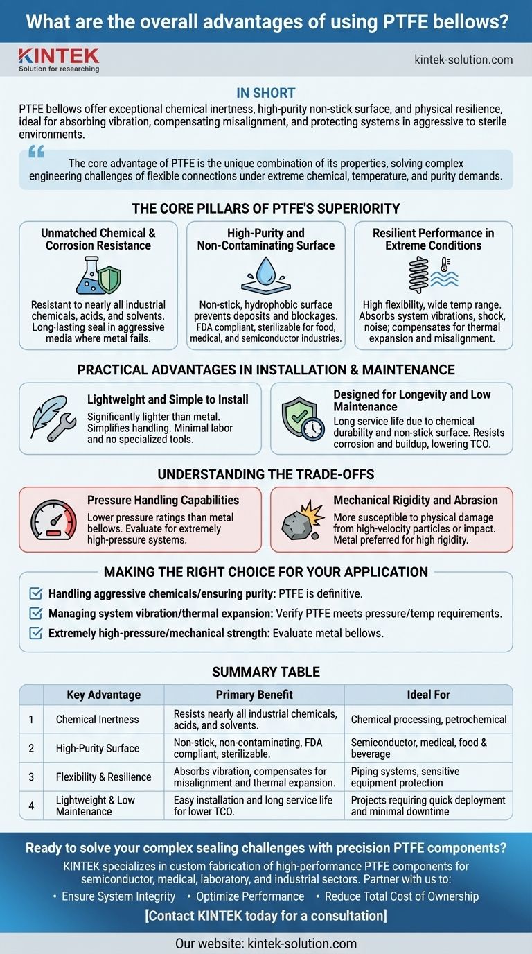 ¿Cuáles son las ventajas generales de usar fuelles de PTFE? Resistencia química superior y alta pureza Guía Visual