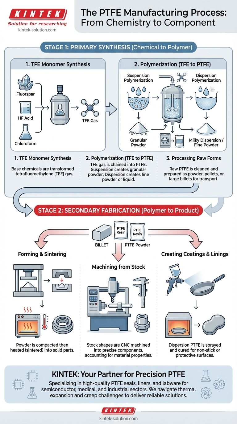 What are the three main steps in the manufacturing process of PTFE? From Monomer to High-Performance Polymer Visual Guide