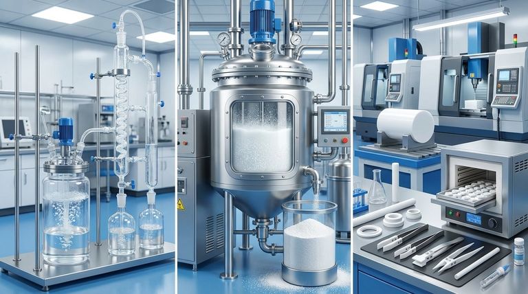 What are the three main steps in the manufacturing process of PTFE? From Monomer to High-Performance Polymer