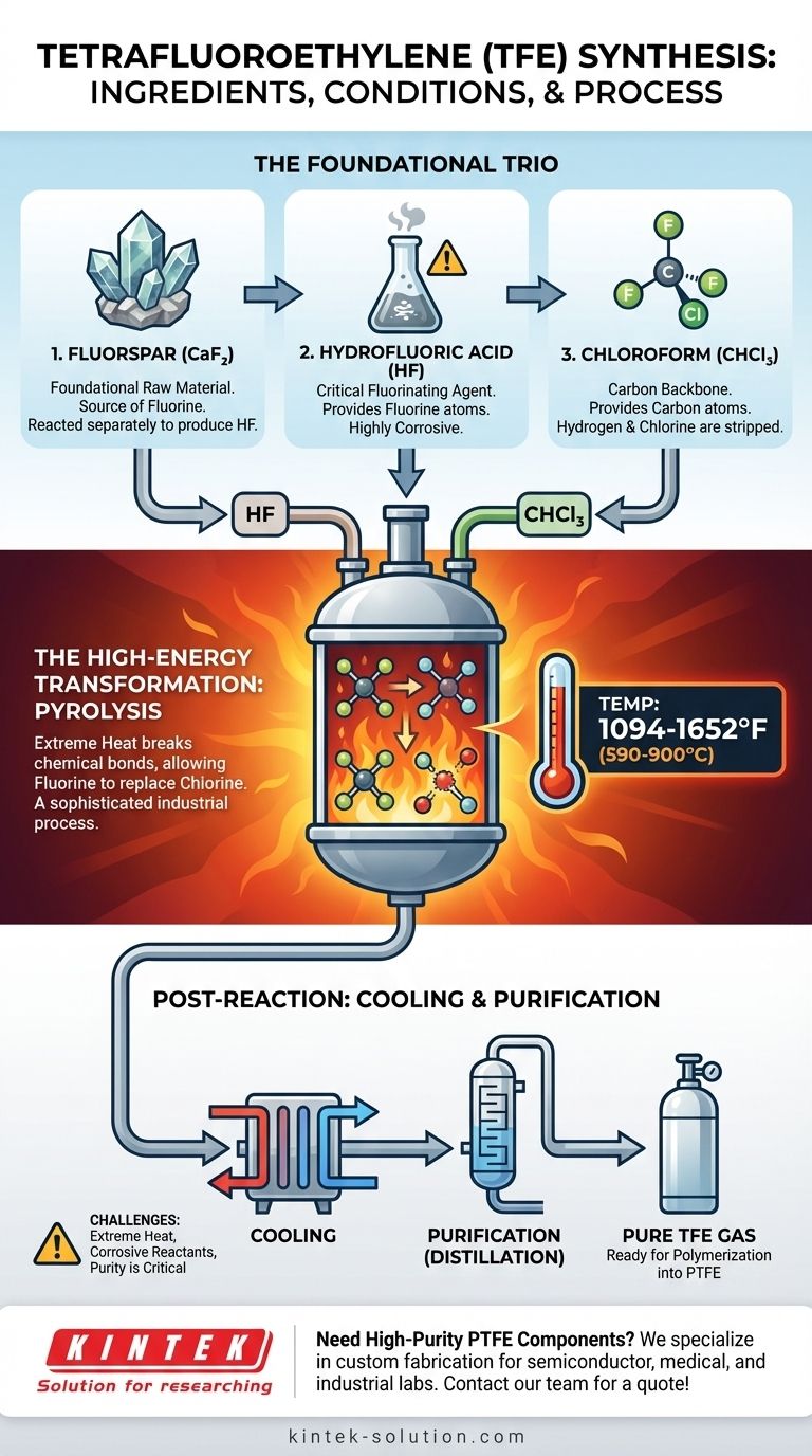 What are the three ingredients used to synthesize TFE, and under what conditions are they combined? Master the High-Temp Pyrolysis Process Visual Guide