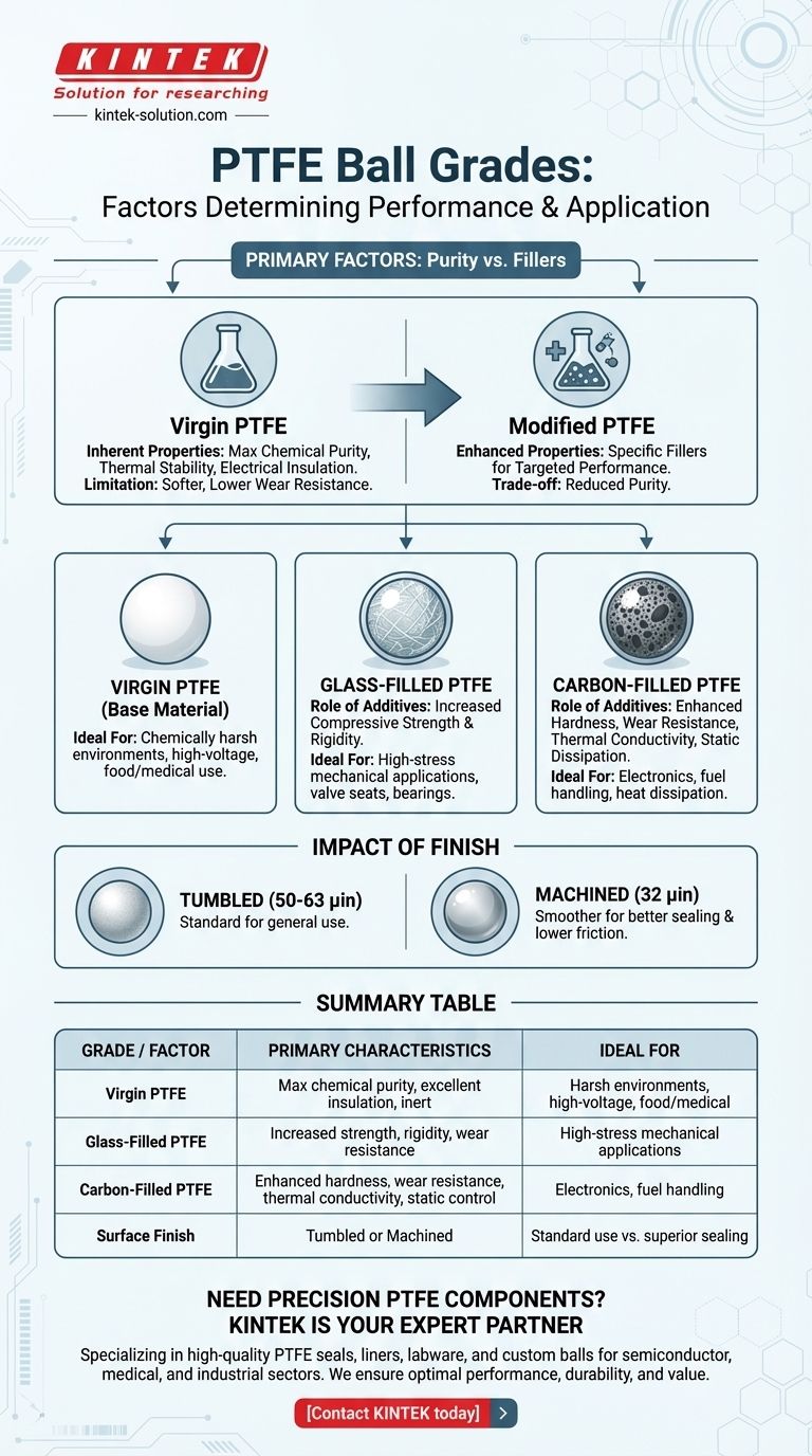 What factors determine the different grades of PTFE balls available? Select the Right Grade for Your Application Visual Guide