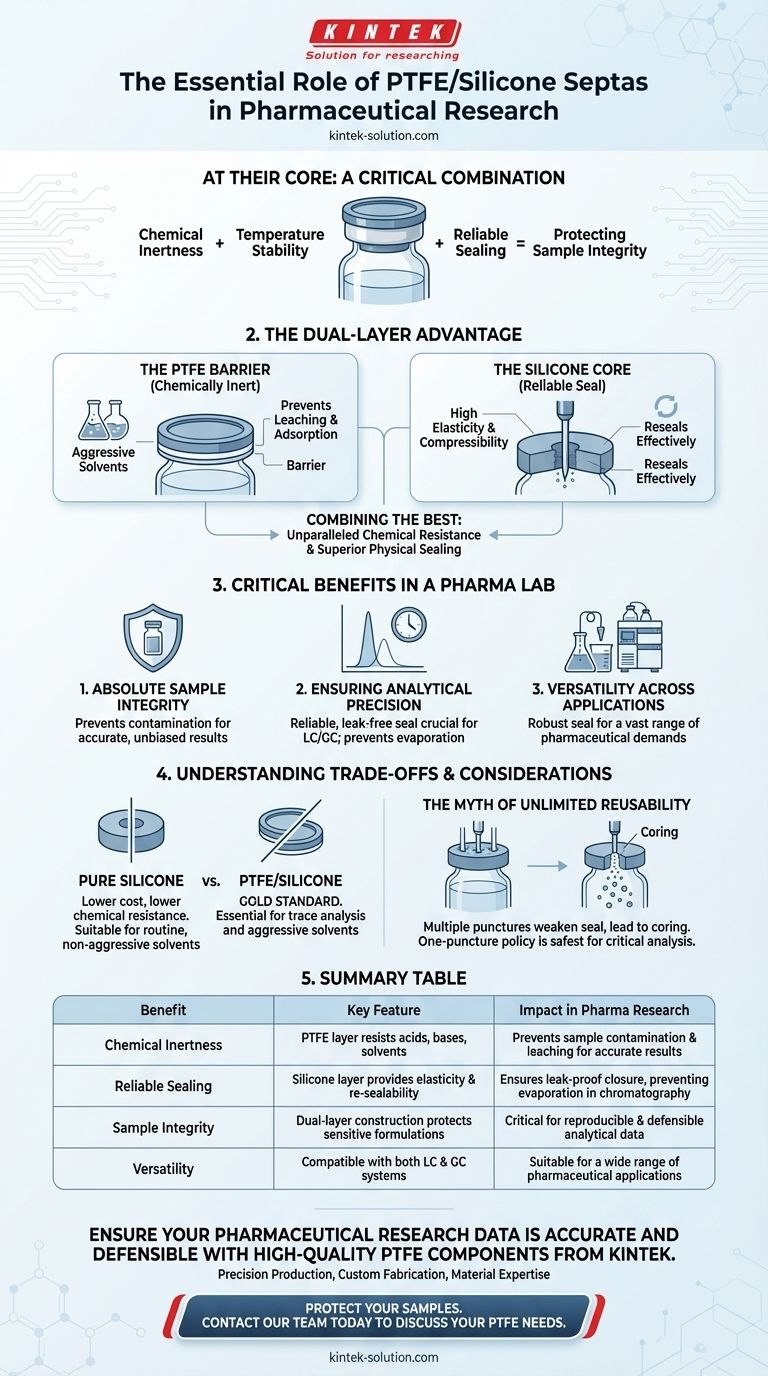 What are the key benefits of PTFE silicone septa in pharmaceutical research? Ensure Sample Integrity & Data Accuracy Visual Guide
