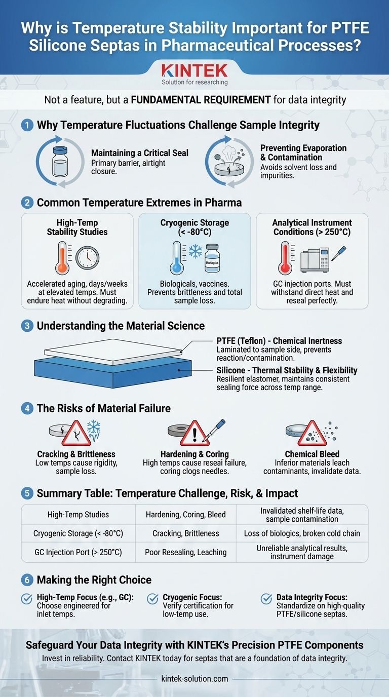 Why is temperature stability important for PTFE silicone septas in pharmaceutical processes? Ensure Data Integrity & Sample Safety Visual Guide