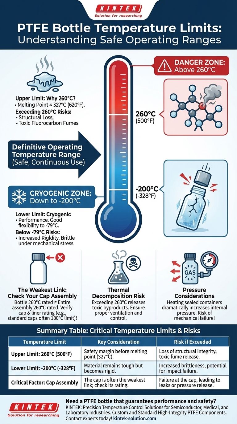 What are the temperature limits for the PTFE bottle? Ensure Safety from -200°C to 260°C Visual Guide