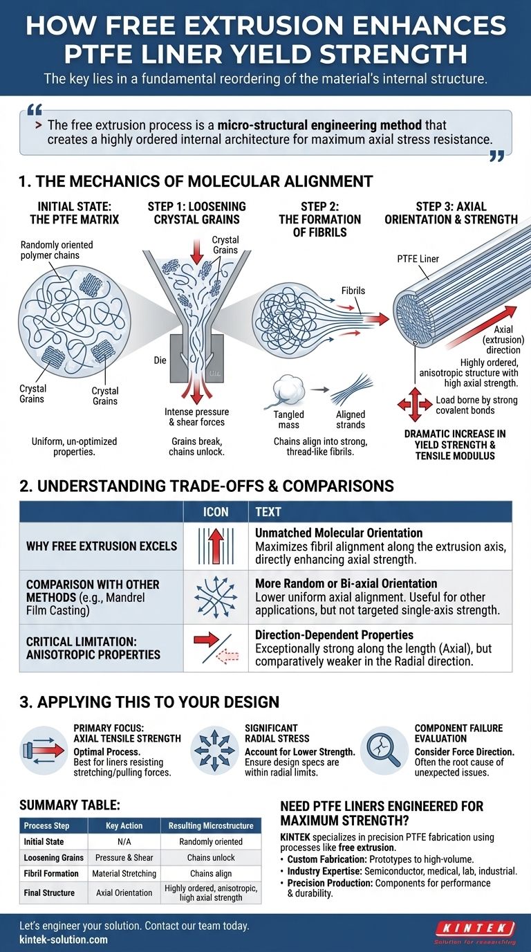 How does the free extrusion process enhance the yield strength of PTFE liners? Achieve Superior Axial Strength Visual Guide