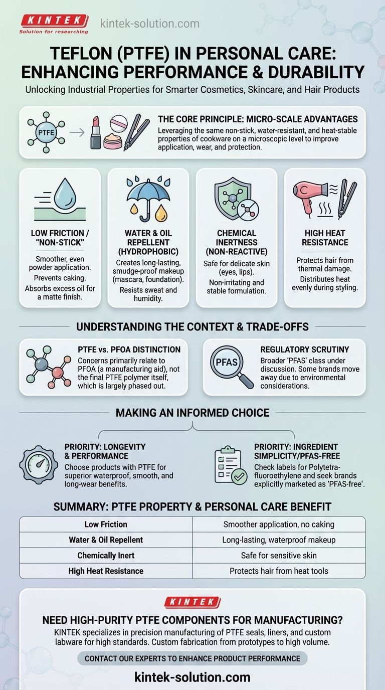 테플론(Teflon)의 개인 관리 제품에서의 용도는 무엇인가요? 메이크업 지속력 및 열 보호 기능 향상 시각적 가이드