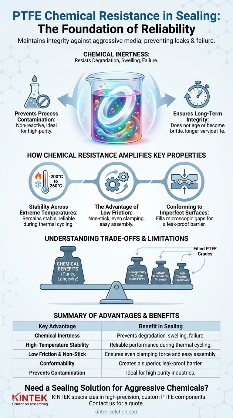 Каковы преимущества химической стойкости фторопласта (PTFE) в применении для уплотнений? Обеспечьте непревзойденную надежность в суровых условиях эксплуатации Визуальное руководство