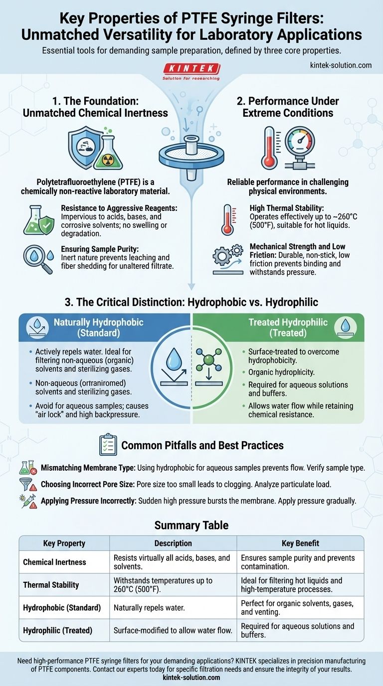 Was sind die Haupteigenschaften von PTFE-Spritzenfiltern? Entdecken Sie unübertroffene chemische Beständigkeit und Vielseitigkeit Visuelle Anleitung
