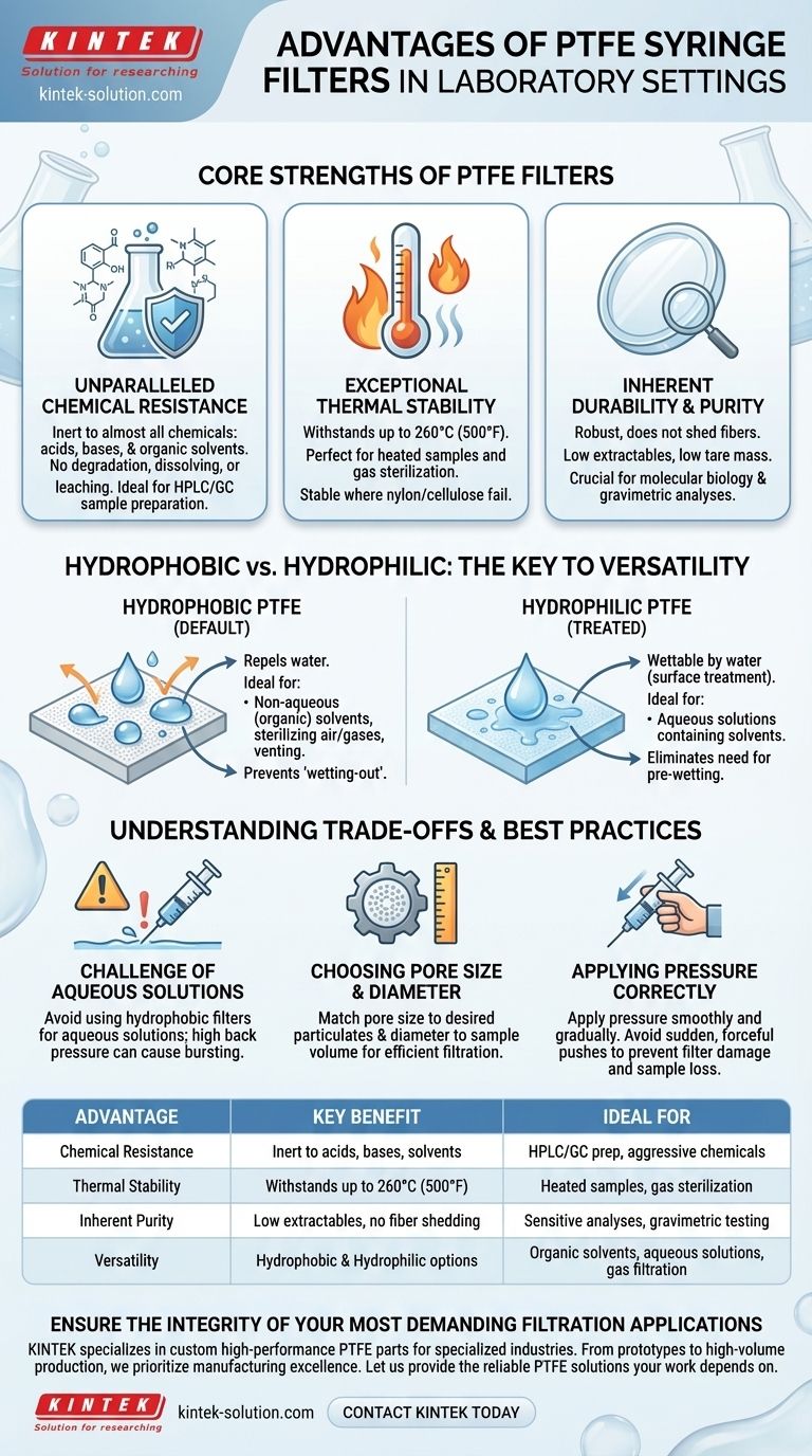 ¿Qué ventajas ofrecen los filtros de jeringa de PTFE en entornos de laboratorio? Resistencia química y pureza inigualables Guía Visual