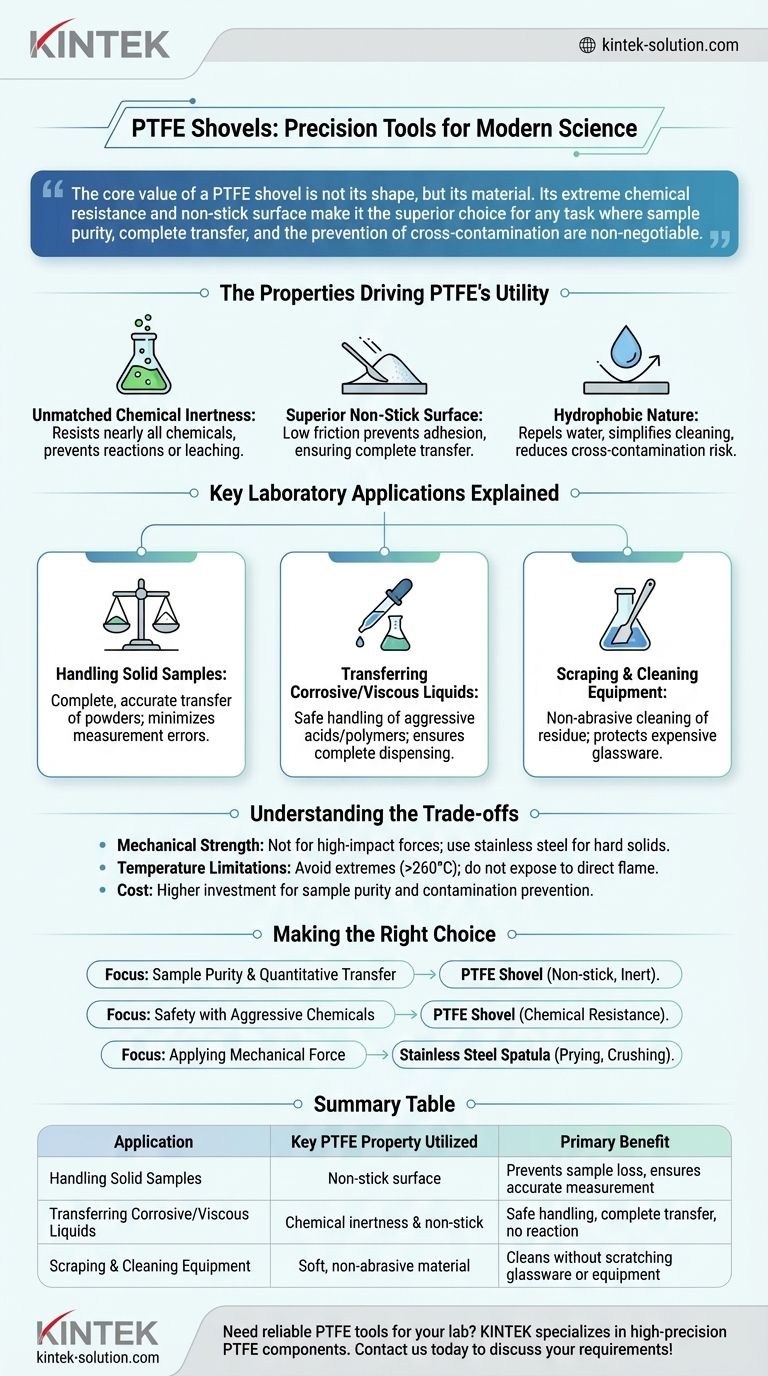 Quali sono alcune applicazioni specifiche delle spatole in PTFE in laboratorio? Garantire la purezza e la sicurezza del campione Guida Visiva